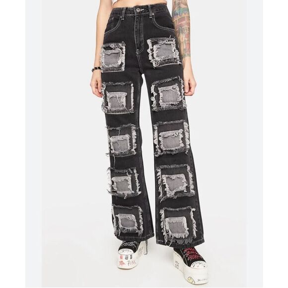 The Ragged Priest Dollz Kill Rubic Charcoal Distressed Square Baggy Jeans sz 30 - Picture 2 of 12